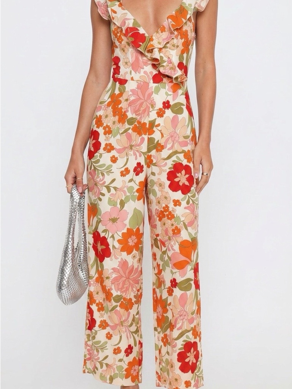Elliatt Cream Floral Ruffle V-Neck Wide-Leg Jumpsuit with Orange and Pink Blooms